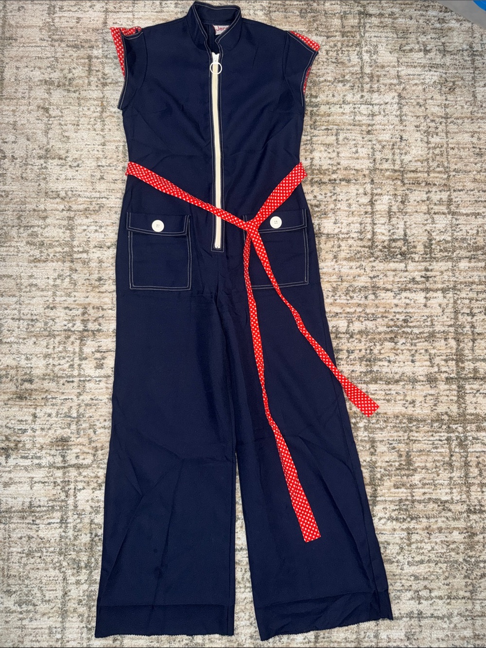 Vintage jerrell of texas Sleeveless Navy Jumpsuit with Red Polka Dot Belt